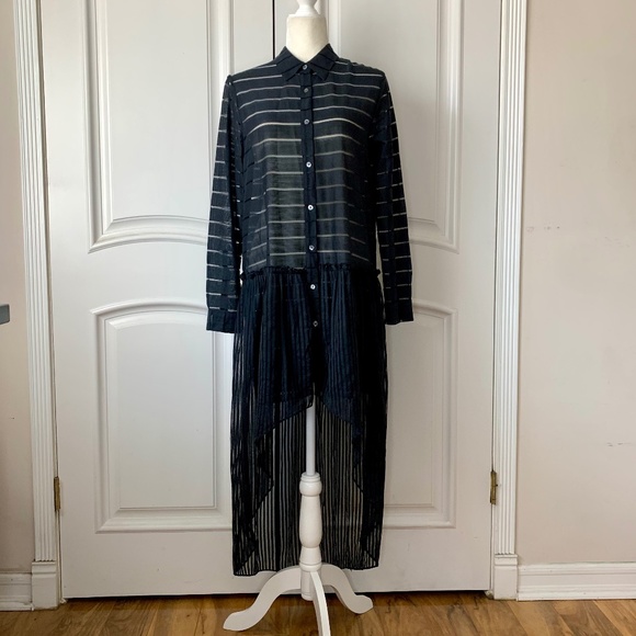 OPENING CEREMONY SHEER STRIPED ASYMMETRIC BLACK SHIRTDRESS - Picture 1 of 8